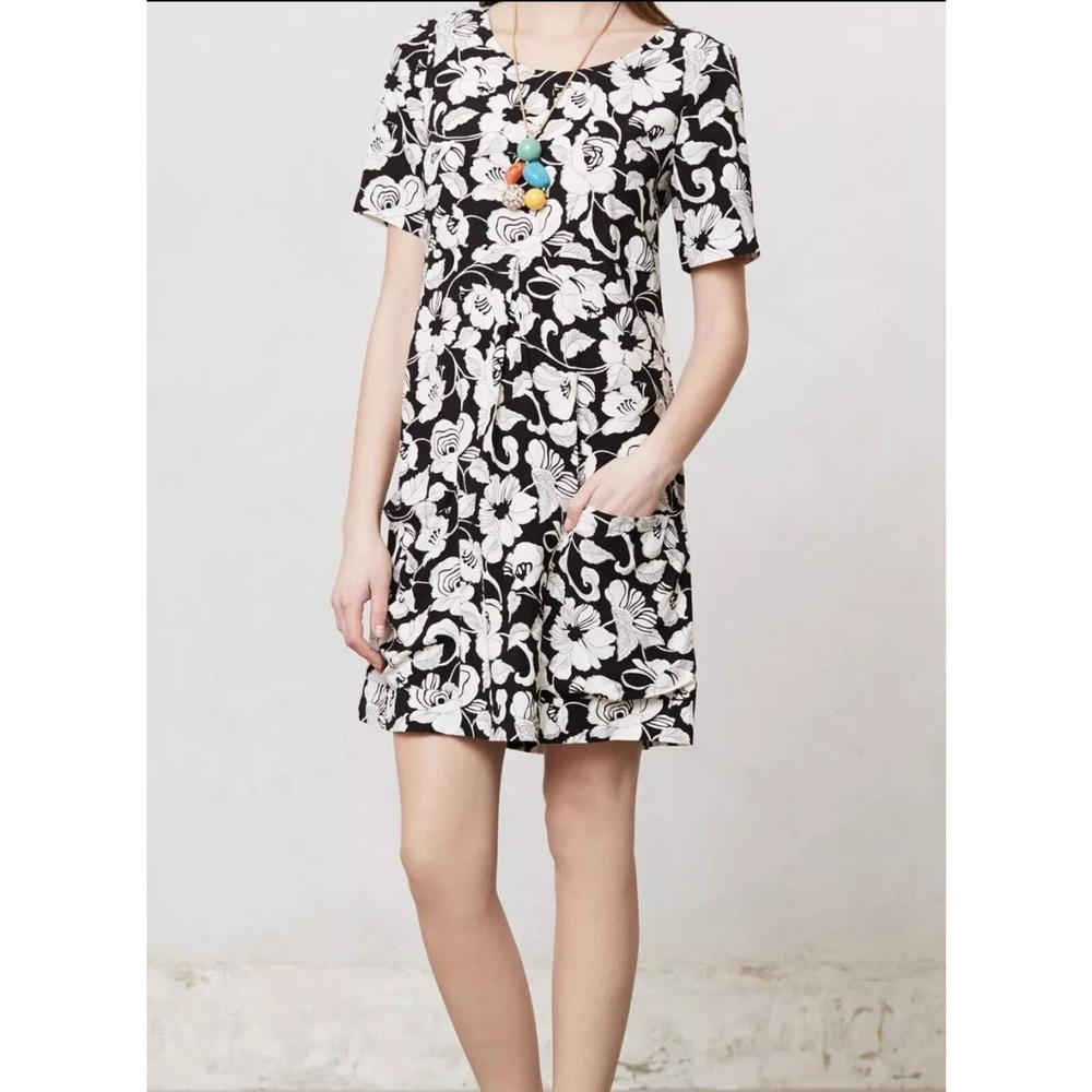 Maeve Anthropologie Black‎ White Floral Shift Mini Dress Pocket Sz 2 Summer READ